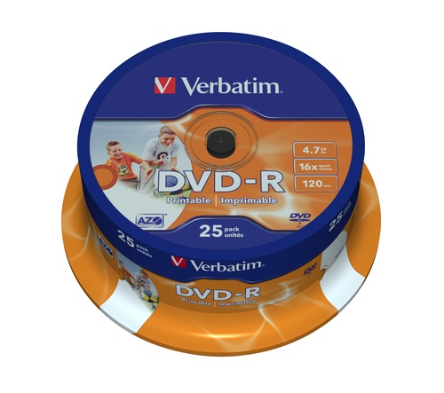 VERBATIM VERBATIM DVD-R 16X, 4,7GB, 25 PACK SPINDLE, WIDE INKJET PRINTABLE, 21-118 MM - DVD E BLU-RAY | TecnoCARE.net Sabaudia, Latina, Terracina, San Felice Circeo e Pontinia