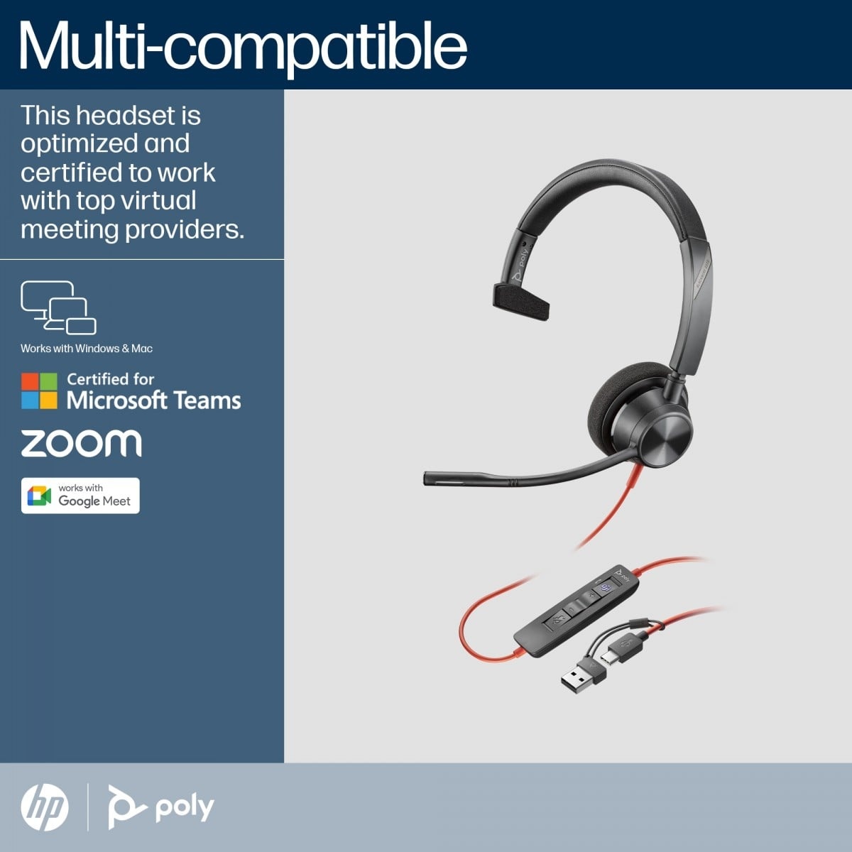 HP POLY HP Poly Blackwire 3310 Monaural Microsoft Teams Certified USB-C Headset +USB-C/A Adapter Auricolare Cablato A Padiglione Business/Everyday Nero - AUDIO E CUFFIE PORTATILI | TecnoCARE.net Sabaudia, Latina, Terracina, San Felice Circeo e Pontinia