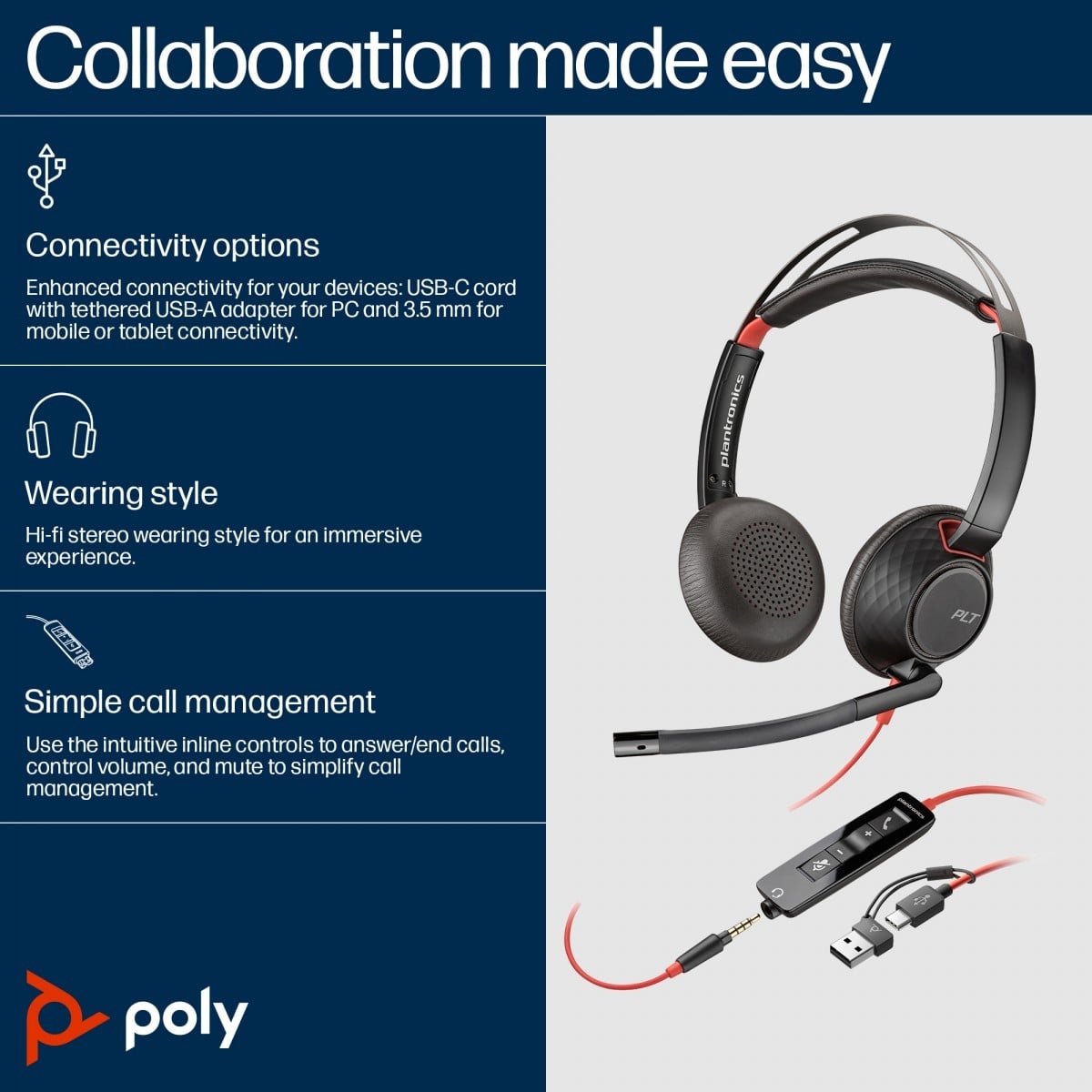 HP POLY HP Poly Blackwire 5220 Cuffie Stereo USB-C + Spina da 3,5 mm + Adattatore USB-C/A - AUDIO E CUFFIE PORTATILI | TecnoCARE.net Sabaudia, Latina, Terracina, San Felice Circeo e Pontinia