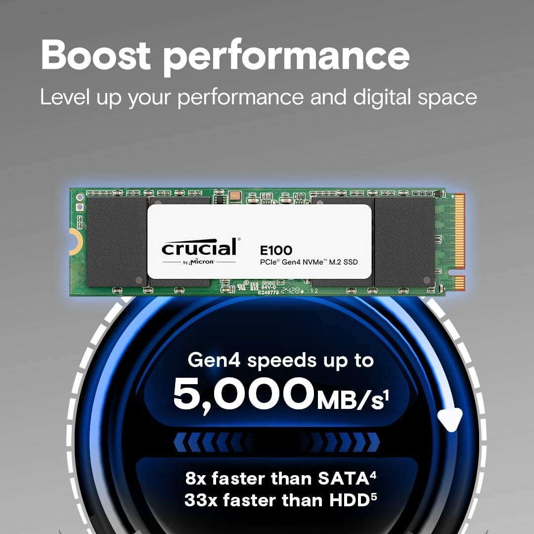 CRUCIAL Crucial E100 2 TB M.2 PCI Express 4.0 NVMe - SUPPORTI PER LA MEMORIZZAZIONE | TecnoCARE.net Sabaudia, Latina, Terracina, San Felice Circeo e Pontinia