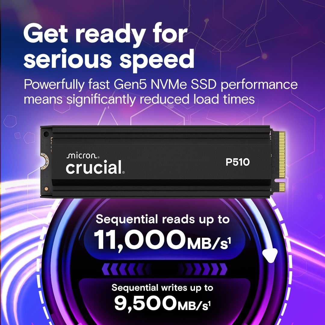 CRUCIAL Crucial CT1000P510SSD5 P510 1TB PCIe Gen5 NVMe 2280 M.2 SSD con dissipatore - SUPPORTI PER LA MEMORIZZAZIONE | TecnoCARE.net Sabaudia, Latina, Terracina, San Felice Circeo e Pontinia