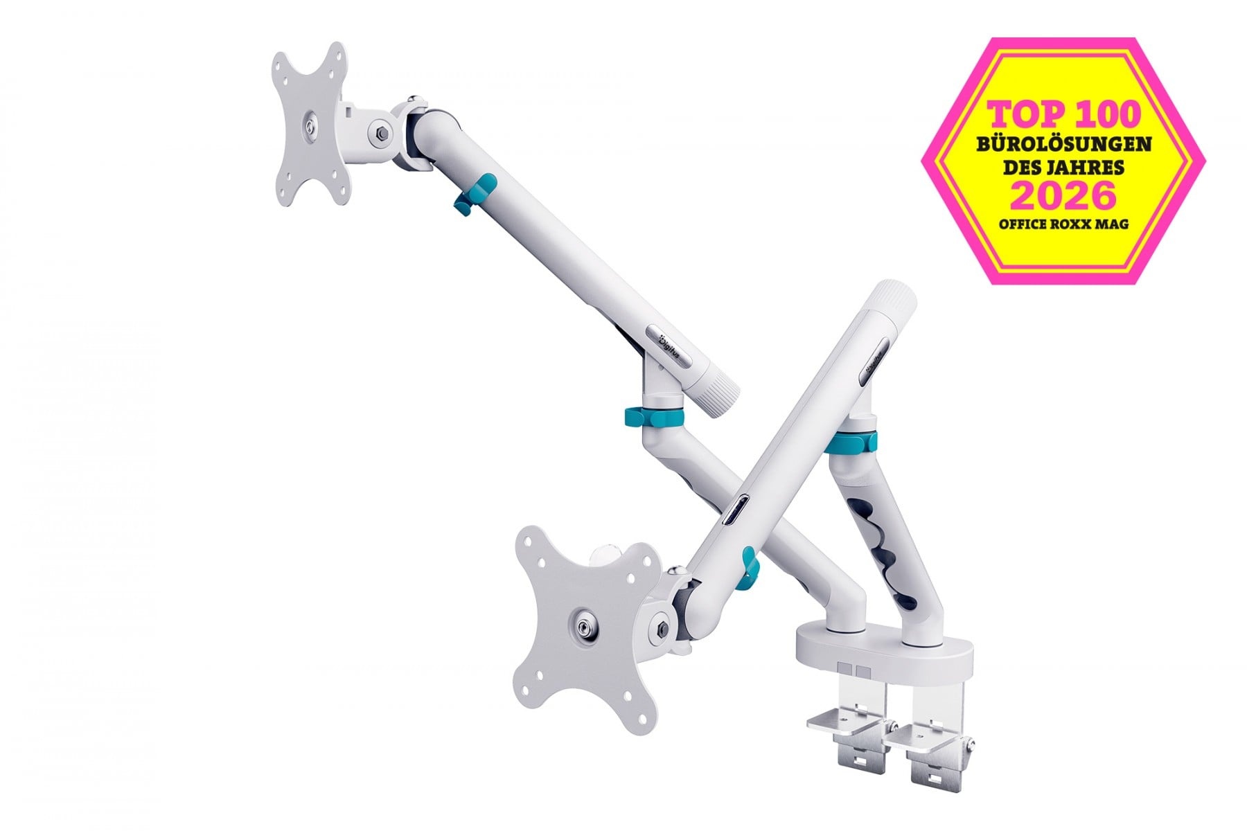 DIGITUS Digitus DA-90472 Braccio da scrivania doppio con morsetto e molla meccanica | 2x LCD max.35" 2x10kg | VESA: 75x75, 100x100 | Bianco - MONITOR E ACCESSORI | TecnoCARE.net Sabaudia, Latina, Terracina, San Felice Circeo e Pontinia