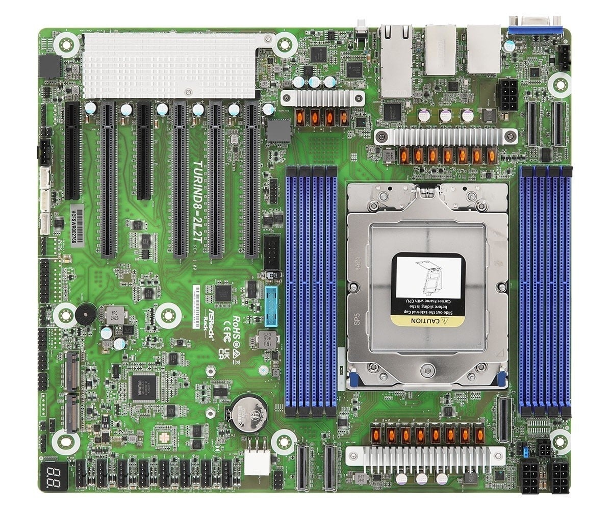 ASROCK ASRock TURIND8-2L2T, 1xSKT, LGA 6096, AMD EPYC 9005, SoC, SATA, NVMe, 2xM.2, 2x10GbE, 2xGbE, IPMI - COMPONENTI | TecnoCARE.net Sabaudia, Latina, Terracina, San Felice Circeo e Pontinia