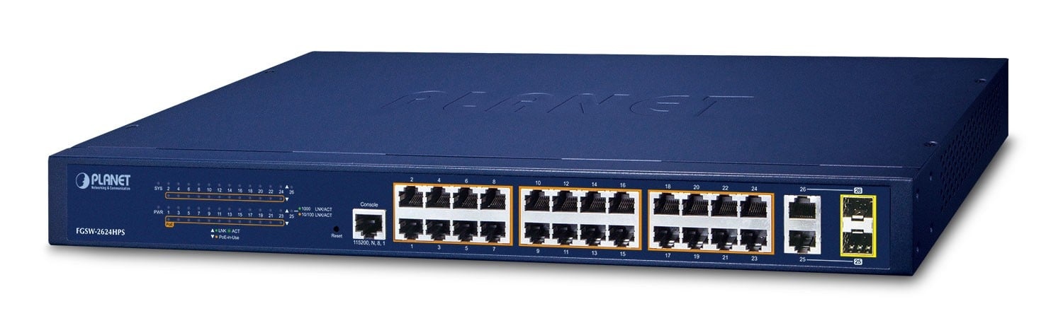 PLANET PLANET FGSW-2624HPS switch di rete Gestito L2/L4 Gigabit Ethernet (10/100/1000) Supporto Power over Ethernet (PoE) 1U Blu - RETI | TecnoCARE.net Sabaudia, Latina, Terracina, San Felice Circeo e Pontinia