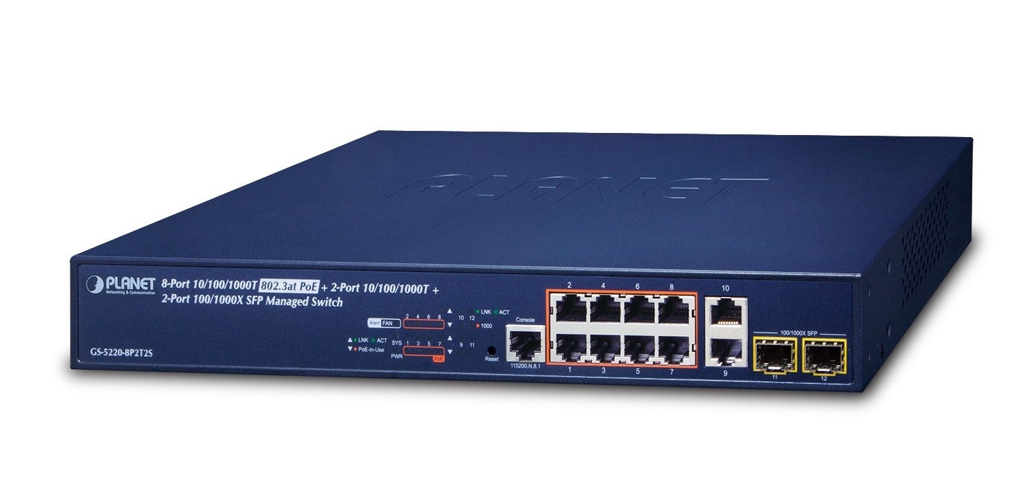 PLANET PLANET GS-5220-8P2T2S switch di rete Gestito L2+ Gigabit Ethernet (10/100/1000) Supporto Power over Ethernet (PoE) 1U Blu - RETI | TecnoCARE.net Sabaudia, Latina, Terracina, San Felice Circeo e Pontinia