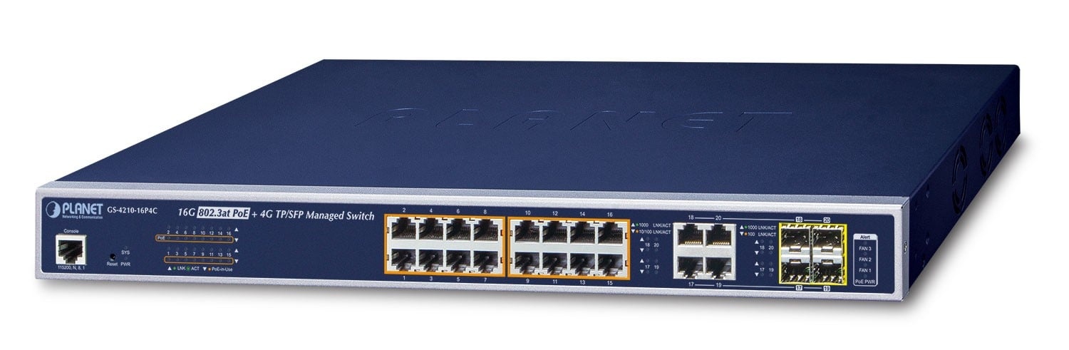 PLANET PLANET GS-4210-16P4C switch di rete Gestito L2/L4 Gigabit Ethernet (10/100/1000) Supporto Power over Ethernet (PoE) 1U Blu - RETI | TecnoCARE.net Sabaudia, Latina, Terracina, San Felice Circeo e Pontinia