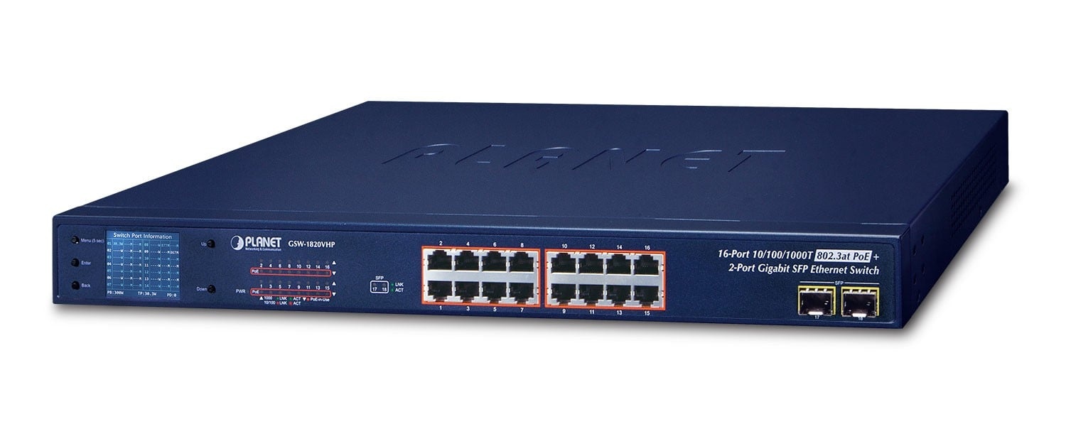 PLANET PLANET GSW-1820VHP switch di rete Non gestito Gigabit Ethernet (10/100/1000) Supporto Power over Ethernet (PoE) 1U Blu - RETI | TecnoCARE.net Sabaudia, Latina, Terracina, San Felice Circeo e Pontinia