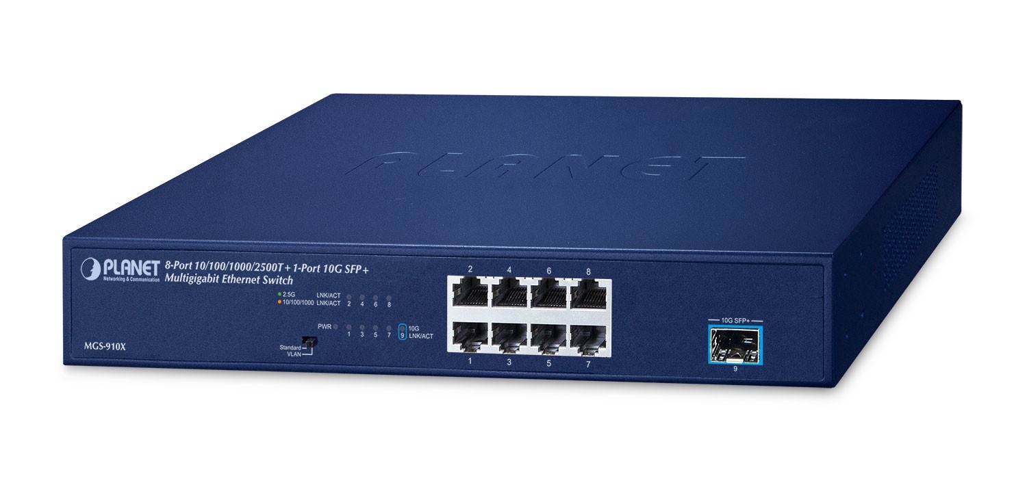 PLANET Planet MGS-910X 8-Port 10/100/1000/2500T + 1-Port 10G SFP+ Multigigabit Ethernet Switch (Fanless design, Standard/VLAN mode, desktop size with rackmount kit) - RETI | TecnoCARE.net Sabaudia, Latina, Terracina, San Felice Circeo e Pontinia