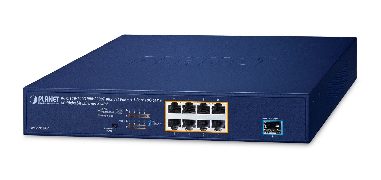 PLANET Planet MGS-910XP 8-Port 10/100/1000/2500T 802.3at PoE + 1-Port 10G SFP+ Multigigabit Ethernet Switch (120 Watts PoE Budget, Standard/VLAN mode, desktop size wit - RETI | TecnoCARE.net Sabaudia, Latina, Terracina, San Felice Circeo e Pontinia