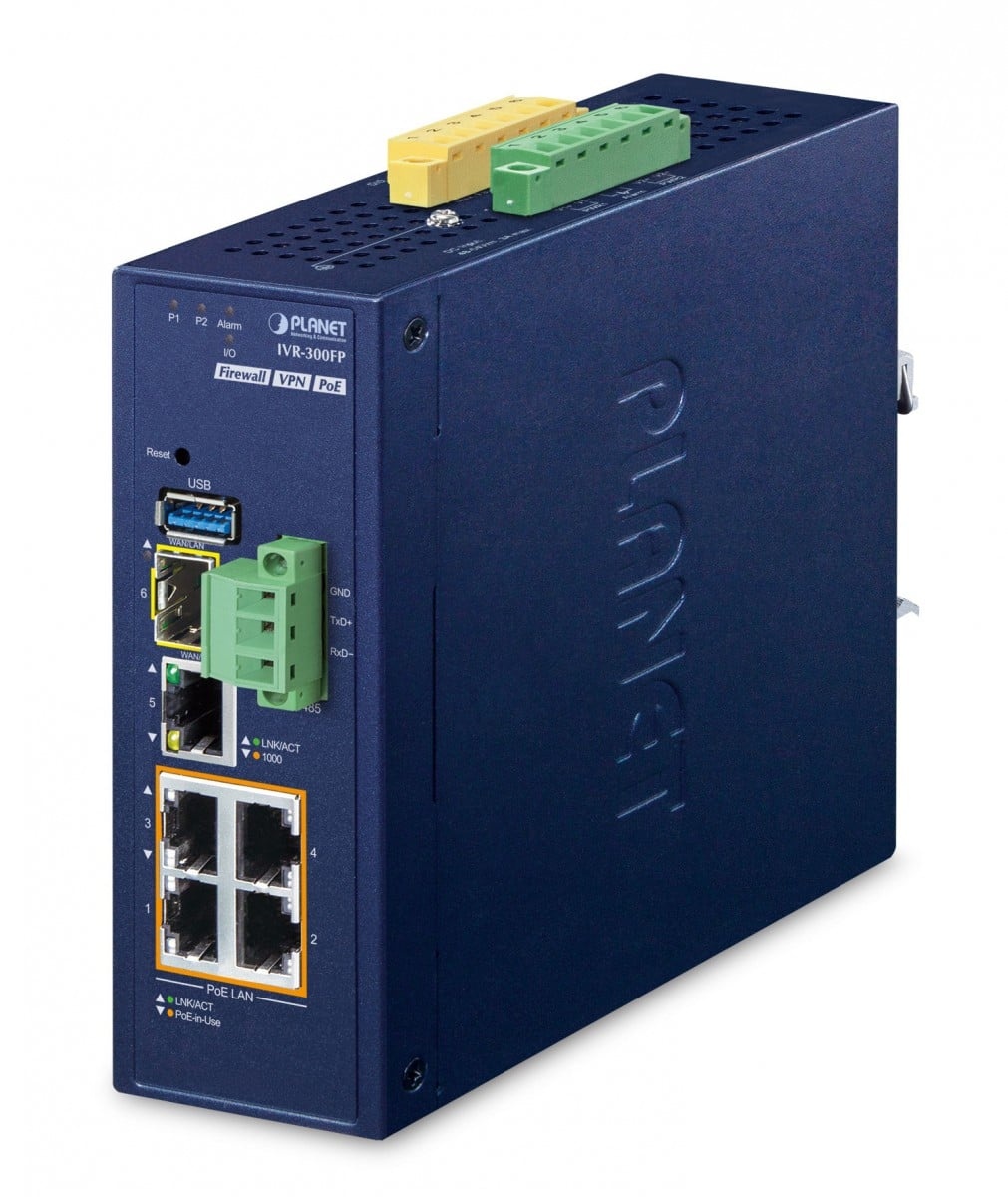 PLANET Planet IVR-300FP Industrial 4-Port 10/100/1000T 802.3at PoE + 1-Port 10/100/1000T + 1-Port 1000X SFP VPN Security Gateway - RETI | TecnoCARE.net Sabaudia, Latina, Terracina, San Felice Circeo e Pontinia