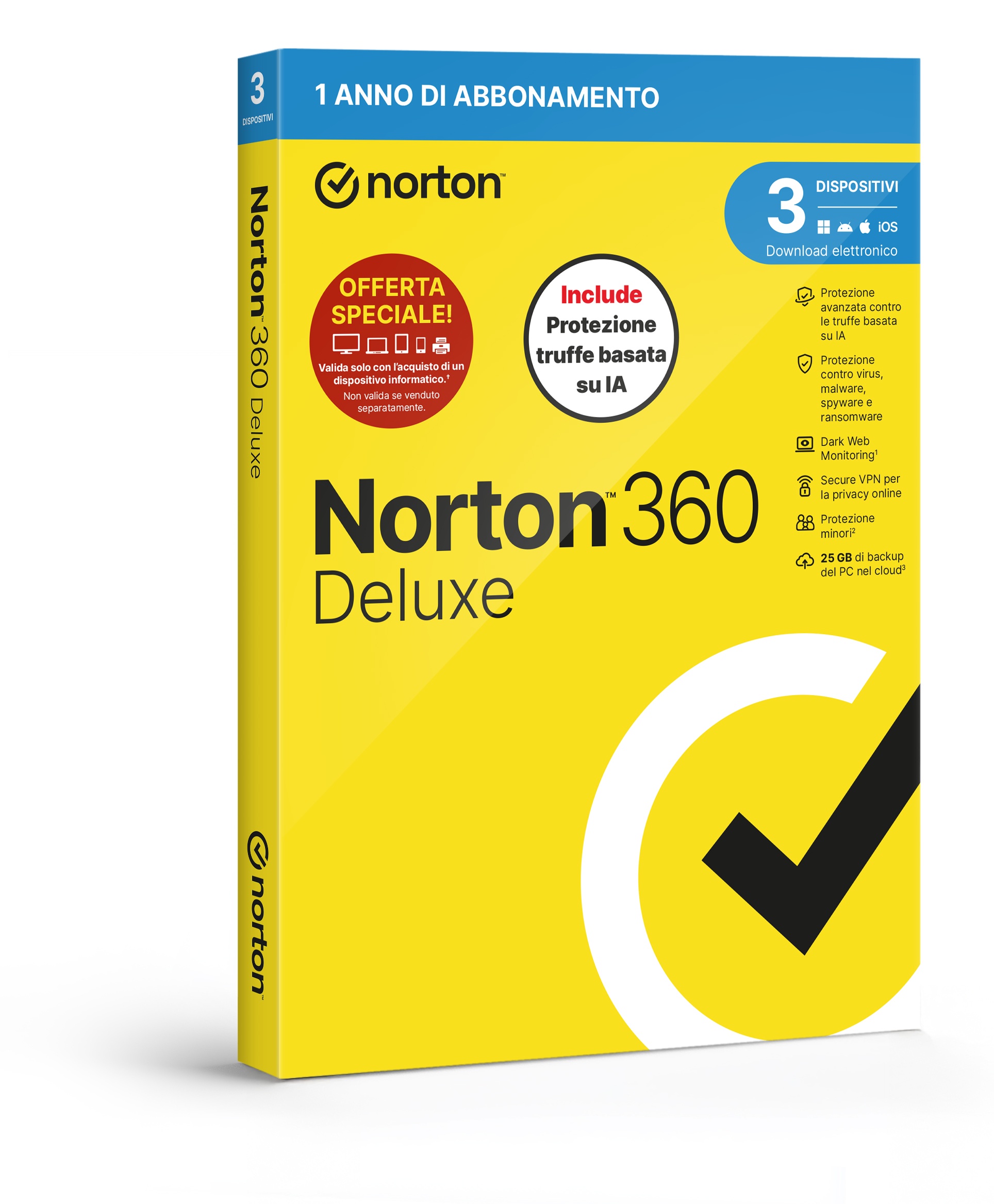 SYMANTEC NORTON 360 DELUXE 2026 -ANTITRUFFA- ATTACH - 3 DISPOSITIVI 12 MESI 25GB - IT BOX - ANTIVIRUS | TecnoCARE.net Sabaudia, Latina, Terracina, San Felice Circeo e Pontinia