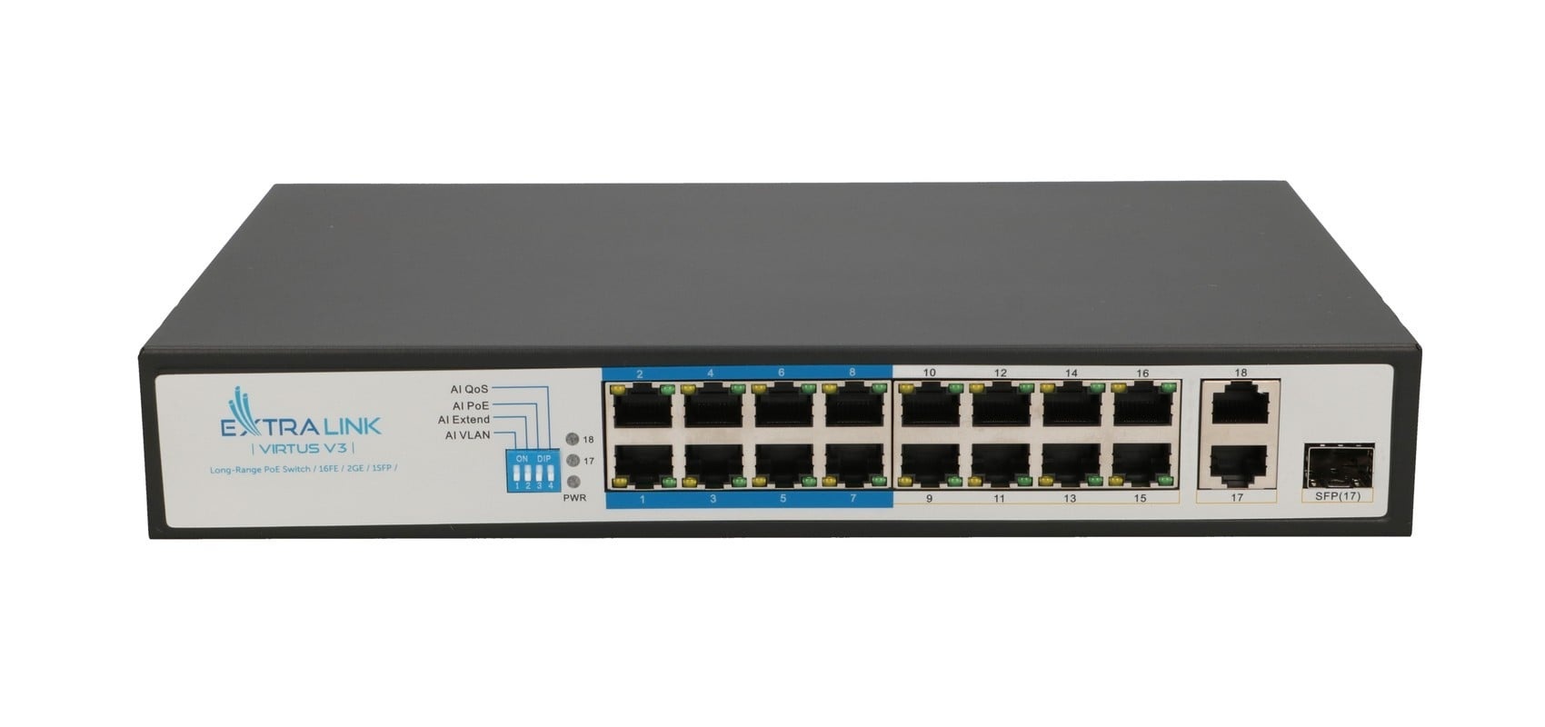 EXTRALINK Extralink VIRTUS V3 | PoE Switch | 16x 100Mb/s PoE/PoE+, 2x Gigabit RJ45 + 1x SFP, 150W - RETI | TecnoCARE.net Sabaudia, Latina, Terracina, San Felice Circeo e Pontinia