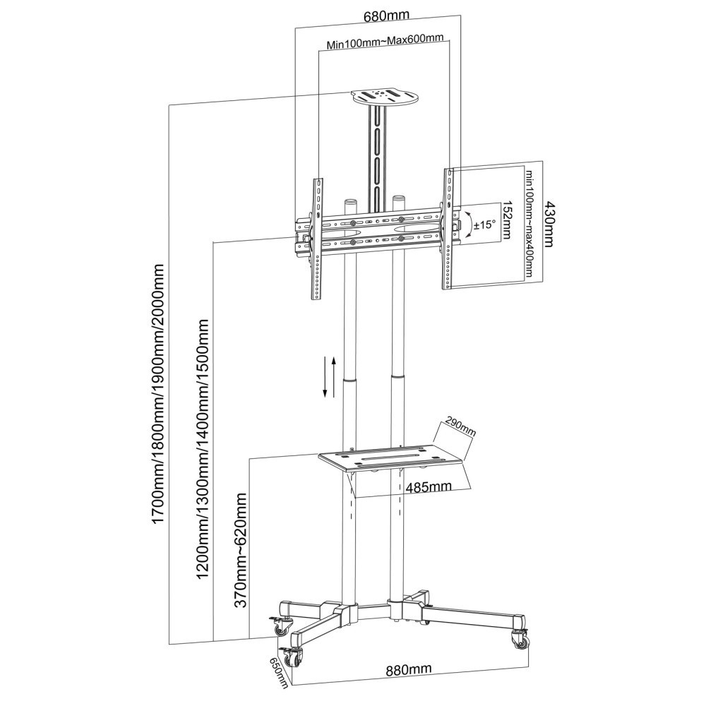 TECHLY Techly ICA-TR216T Supporto TV mobile 37-70” fino a 50kg regolabile con 2 ripiani - ACCESSORI ED ELEMENTI PER APPARECCHIATURA AUDIO | TecnoCARE.net Sabaudia, Latina, Terracina, San Felice Circeo e Pontinia