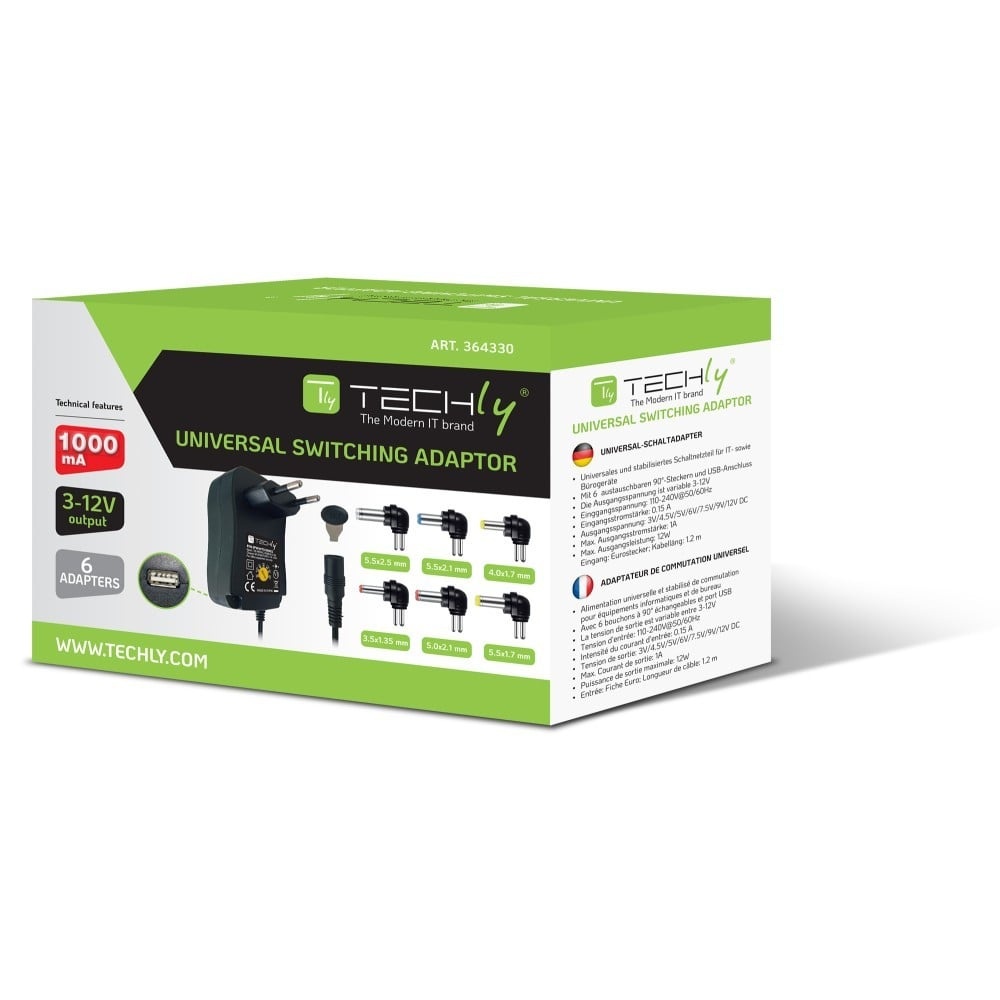 TECHLY Techly IPW-NTS2250G2 Alimentatore Universale 230V 27W/2.25A 3-12V con 6 Connettori DC e USB - BATTERIE E ALIMENTATORI | TecnoCARE.net Sabaudia, Latina, Terracina, San Felice Circeo e Pontinia