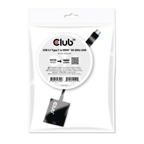 CLUB3D CLUB3D ADATTATORE USB TYPE C 3.1 GEN 1 TO HDMI 2.0 4K60HZ HDR ACTIVE - ADATTATORI | TecnoCARE.net Sabaudia, Latina, Terracina, San Felice Circeo e Pontinia