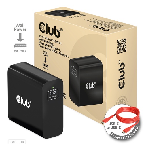 CLUB3D CLUB3D TRAVEL CHARGER 140 WATT GaN TECHNOLOGY SINGLE PORT USB TYPE-C POWER DELIVERY(PD) 3.1 SUPPORT - CARICABATTERIE | TecnoCARE.net Sabaudia, Latina, Terracina, San Felice Circeo e Pontinia