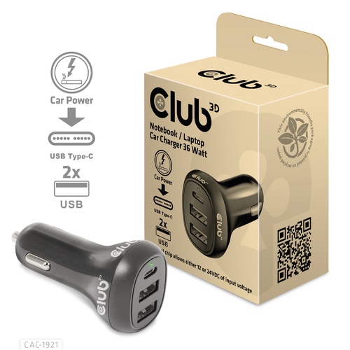CLUB3D CLUB3D CARICATORE DA AUTO NOTEBOOK / LAPTOP 36 Watt/ 2USB A + 1USB C - CARICABATTERIE | TecnoCARE.net Sabaudia, Latina, Terracina, San Felice Circeo e Pontinia