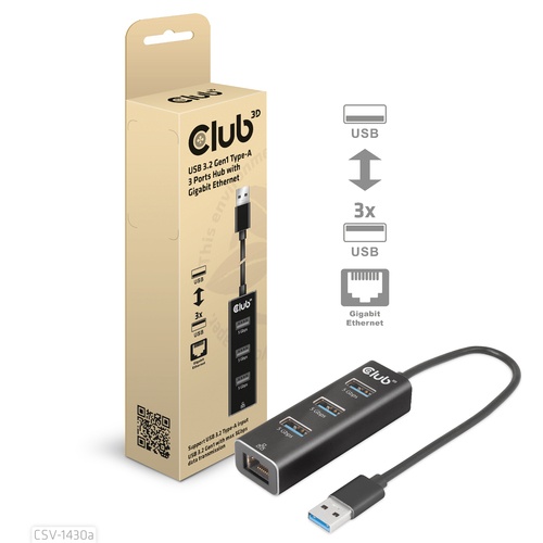 CLUB3D CLUB3D HUB USB 3.2 GEN1 TYPE A 3-Ports Gigabit Ethernet - HUB USB | TecnoCARE.net Sabaudia, Latina, Terracina, San Felice Circeo e Pontinia
